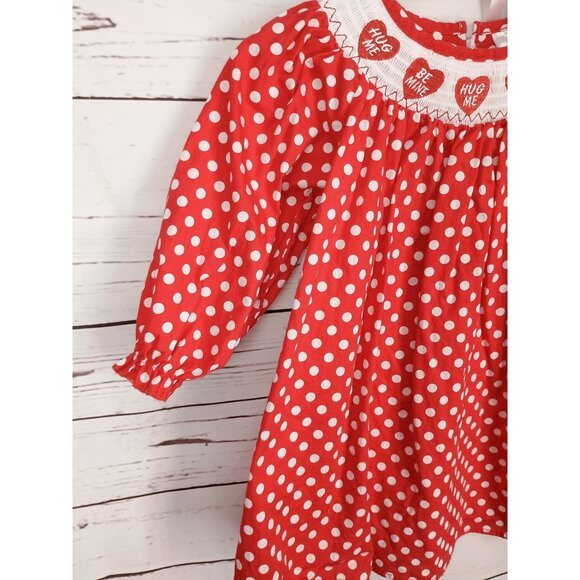 Valentines Day Polka Dot Smocked Dress Red White Hearts Girls Size 5 - Picture 4 of 7